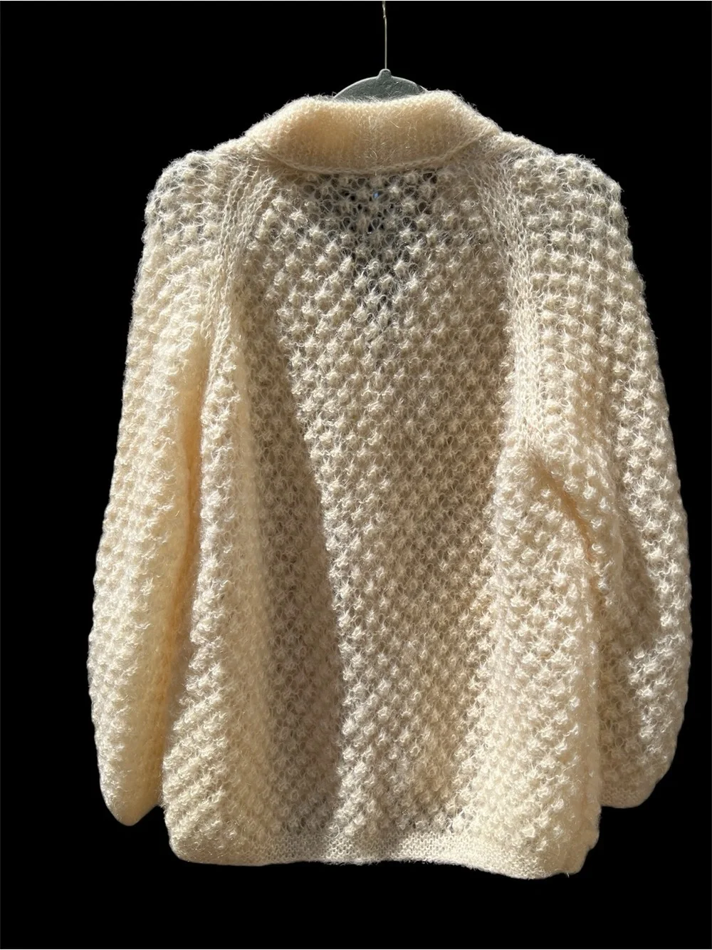RARE! Vintage 60s Cream Mohair Wool Open-Knit Slouchy Retro Cardigan Sweater L - Picture 5 of 15
